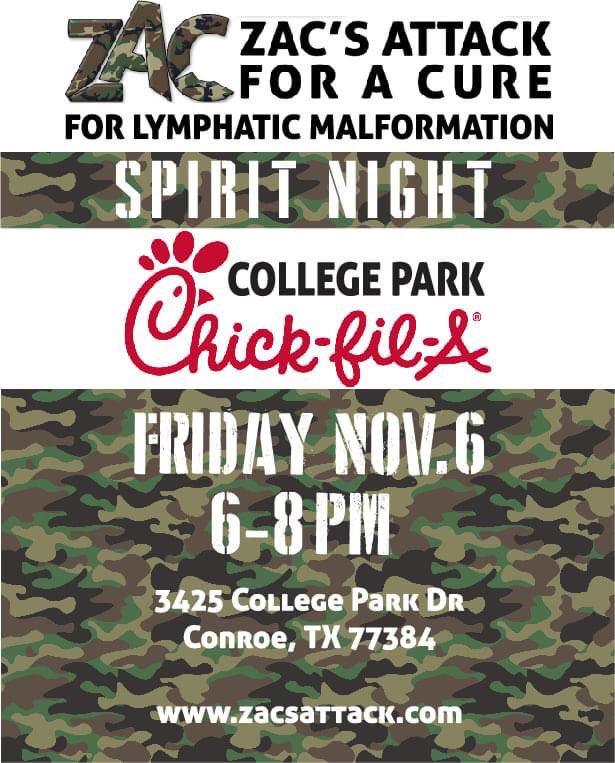 zacs_attack's tweet photo. The Woodlands peeps... get your Chick-Fil-A TOMORROW between 6-8pm to support us! The College Park location is donating 20% if you mention ZAC’S ATTACK between 6-8pm only!!! @Zacberg7 @ideas_by_marc #attackthecure #lymphaticmalformation #ChickfilA #thewoodlands #thewoodlandstx https://t.co/b8zOivop75