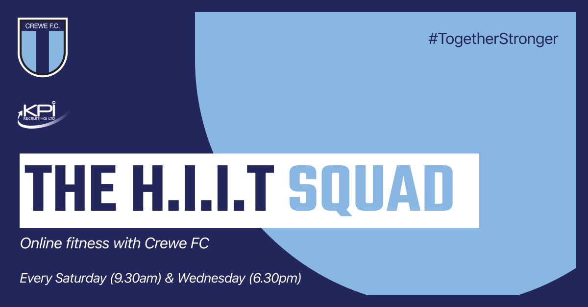 STAY SAFE. STAY STRONG. 

We’ve re-launched our online H.I.I.T sessions for the duration of the latest ‘lockdown’ for <a href="/CreweFC/">Crewe FC</a> Members and the wider community! 

Details are here; 
crewefc.org.uk/2020/11/05/sta…

#TogetherStronger