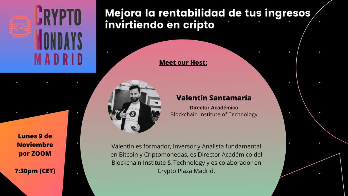 Conoce a Valentín Santamaría (@Valenti03713316 ), Host de nuestro próximo evento del Lunes 9 de Noviembre. Es Formador, Inversor y Analista Fundamental en Criptomonedas. También es Director Académico del <a href="/BiTBcn/">Blockchain Institute & Technology</a>. 
Regístrate aquí y únete a la conversación! bit.ly/364PSxX