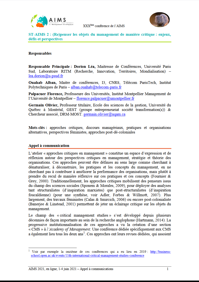 Germainoli's tweet photo. "(Re)penser  les  objets  du  management  de  manière  critique :  enjeux, défis et perspectives" 

Appel @strategieaims 2021  

(porté par @leadorionlb, Alban Ouahab, Florence Palpacuer et bibi). On vous attend !

https://t.co/9Z1yqfnp76 https://t.co/s3PPxz6I49