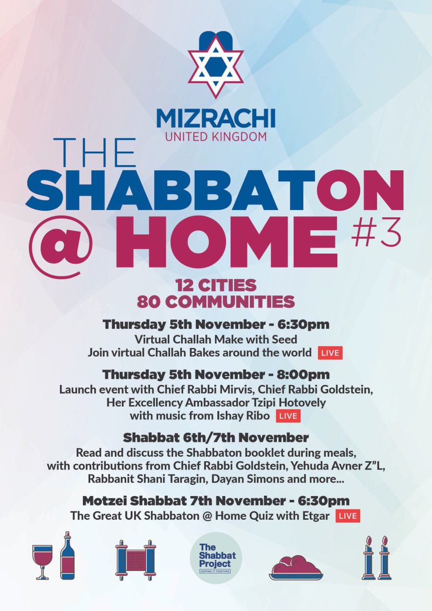Jcarescot's tweet photo. Tonight 6.30pm, @MizrachiUK kicks off its third #ShabbatonAtHome. A series of online events for Jewish households across the UK to celebrate #Shabbat together.
Join 75 other UK communities and 100's worldwide to celebrate the #ShabbatProject!
Visit: https://t.co/MAwR3nPcO4 https://t.co/1dnyOvGWxs