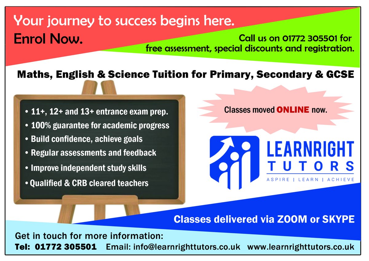 LearnrightTutor's tweet image. Lockdown, work from home, home-school… All a bit too much?! Need a helping hand? We are running online classes via Zoom &amp;amp; Skype in smaller groups or 1to1 to achieve learning goals.
For more information call us on 01772 305501 or email info@learnrighttutors.co.uk #onlineclasses