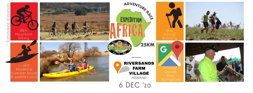 Addicted2Advent's tweet image. 25km Adventure Race | 6 Dec &apos;20 | Riversands Farm Village, Midrand.

Distances: Approx. 18km mtb, 6km running/hiking, 1-2km  kayaking (we supply 2-seater kayaks &amp;amp; paddles) &amp;amp; printed Google Map navigation. 

addicted2adventure.co.za/package/exp-af…

#adventurerace #multisport #navigation