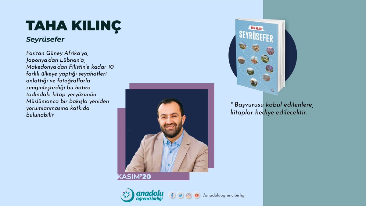 📚 4 Kitap 4 Yazar Projemizin ikinci buluşmasında Seyrüsefer'i yazarı Taha Kılınç'la beraber konuşacağız.

Seyrüsefer kitap kritiğine başvuru;

👇

 🔗 anadoluogrenci.org/4-kitap-4-yaza…