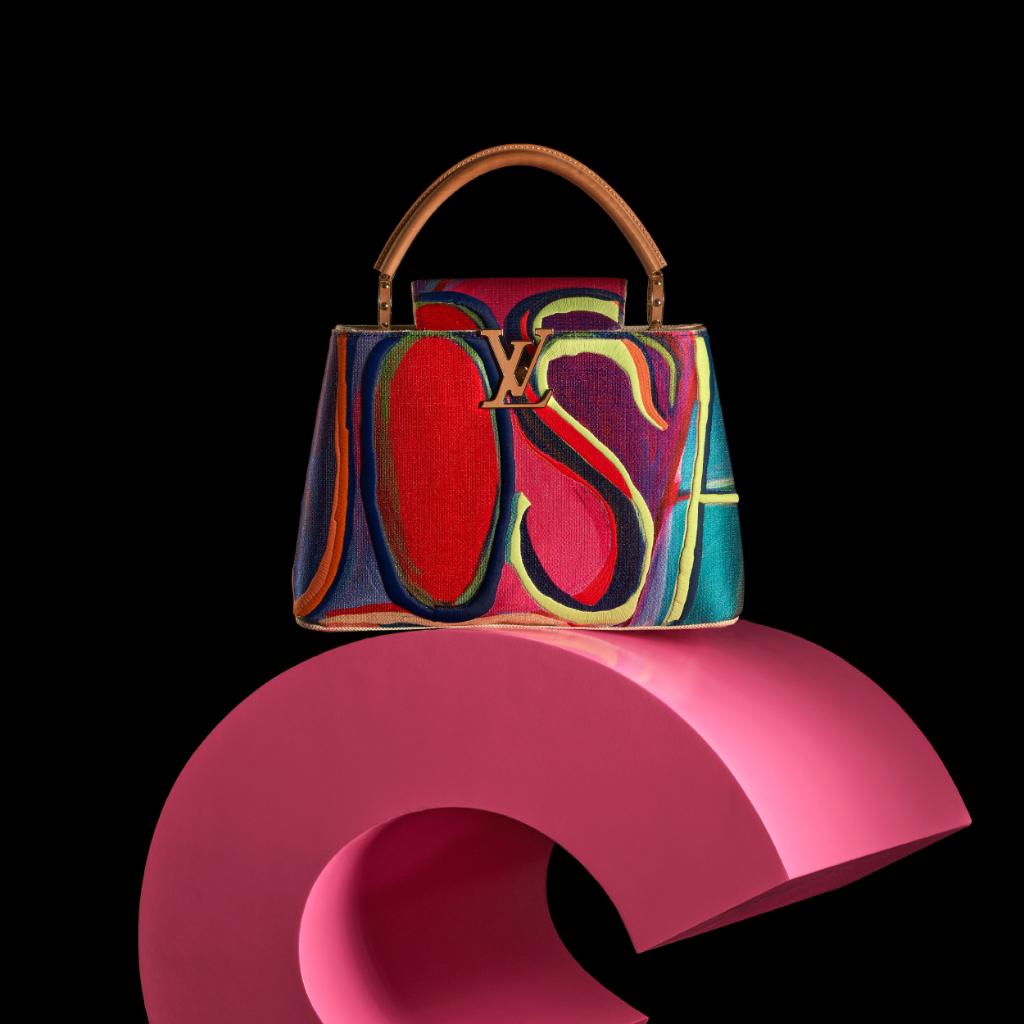 LouisVuitton's tweet photo. Brushstrokes in thread. #JoshSmith’s signature canvases inspired his Louis Vuitton #ArtyCapucines, with extensive stitching replicating a painterly effect. Discover #LouisVuitton’s limited-edition artistic collaboration at https://t.co/zyD5XDCnHb https://t.co/HcSFtYYsks