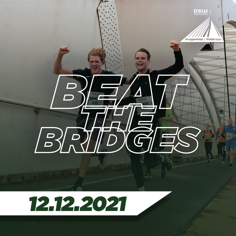 De DSW Bruggenloop Rotterdam gaat niet door op 13 december 2020. 

Gezien de ontwikkelingen rondom COVID-19 hebben we besloten om de 32e editie uit te stellen naar zondag 12 december 2021. 

Blijf in beweging en zorg goed voor jezelf en elkaar! #beatthebridges