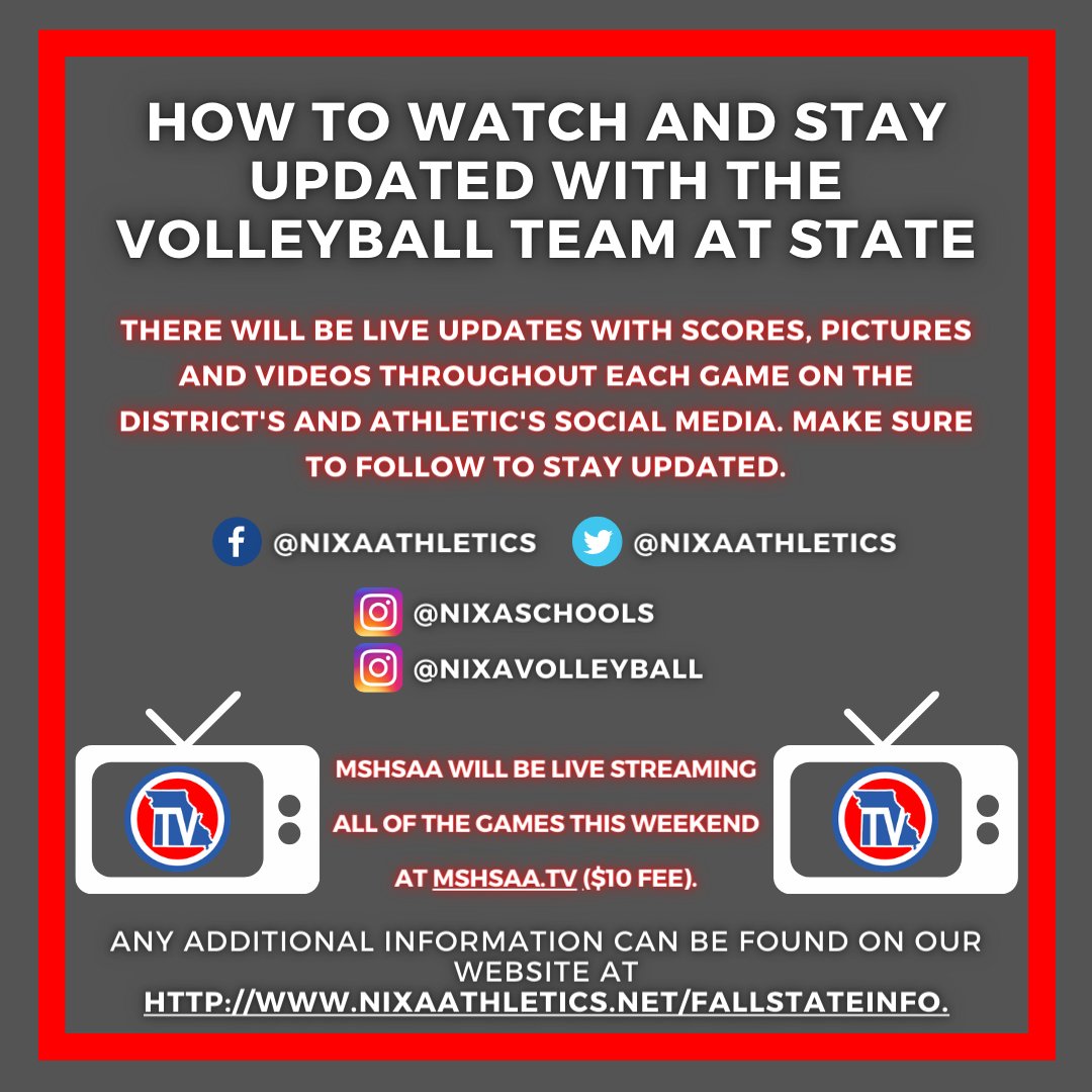 🏐 Good luck to <a href="/NixaVolleyball/">Nixa Volleyball</a> as they compete in the <a href="/MSHSAAOrg/">MSHSAA</a> Class 5 State semifinals tonight!

Nixa faces St. Francis Borgia at 6 p.m.

See the below graphics for game information, the final four bracket and how to stay updated with the team.