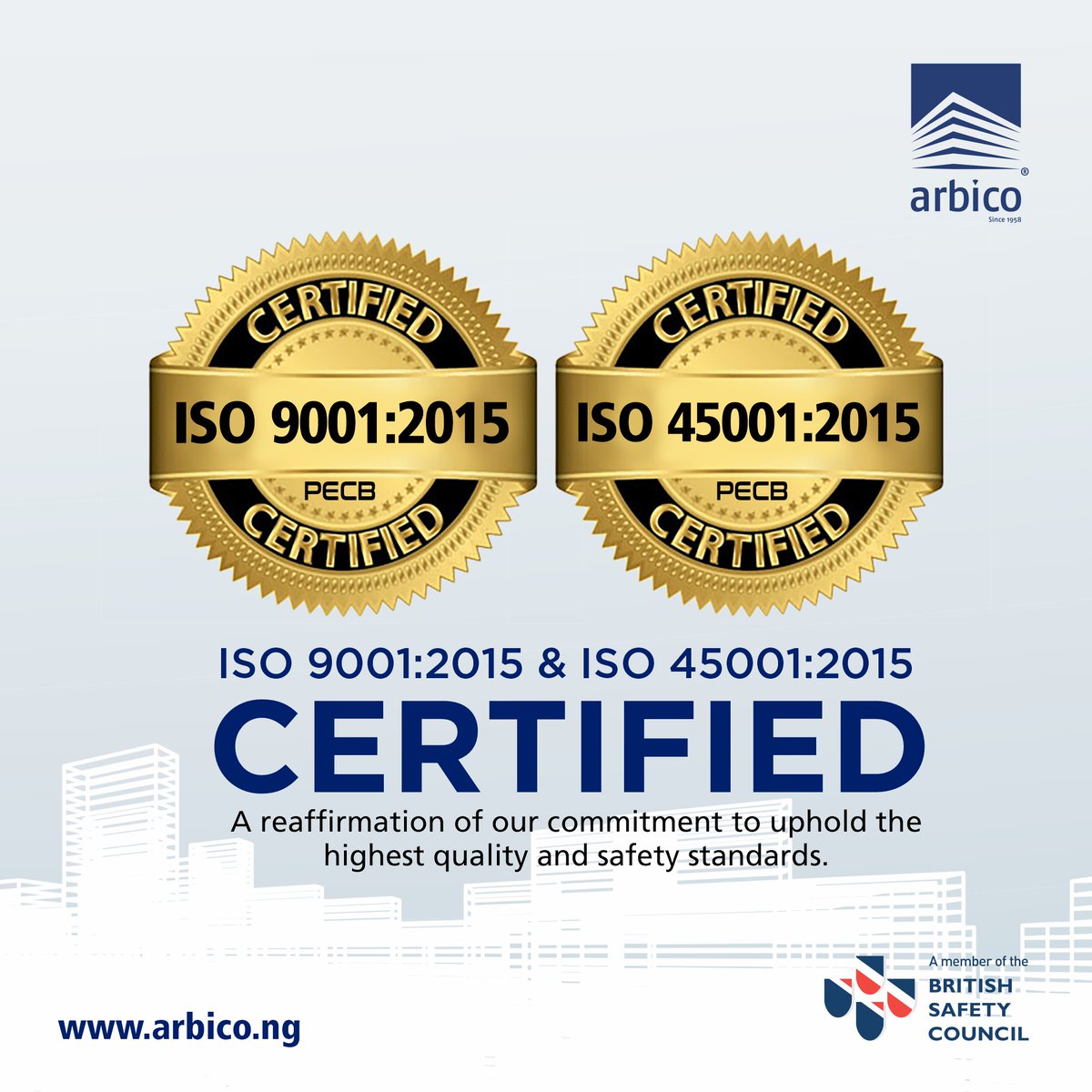 When it comes to quality, health, safety and the environment, we remain dedicated to working within the highest international standards! It is in line with this, that we recently upgraded our ISO 18001 to ISO 45001 for Occupational Health and Safety.#ArbicoBuilds
#TogetherWeBuild