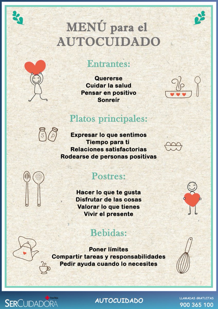 CruzRojaProvTfe's tweet photo. Con el proyecto Apoyo Temporal a Familias con Personas Mayores a su Cargo, defendemos que “debemos cuidarnos para poder cuidar”. Por eso, desde @SerCuidadorA @CruzRojaEsp compartimos este Menú para el Autocuidado
#DíaMundialdelasPersonasCuidadoras
#MiraQuienCuida
#ProgramaMayores https://t.co/sVMWBa0pSn