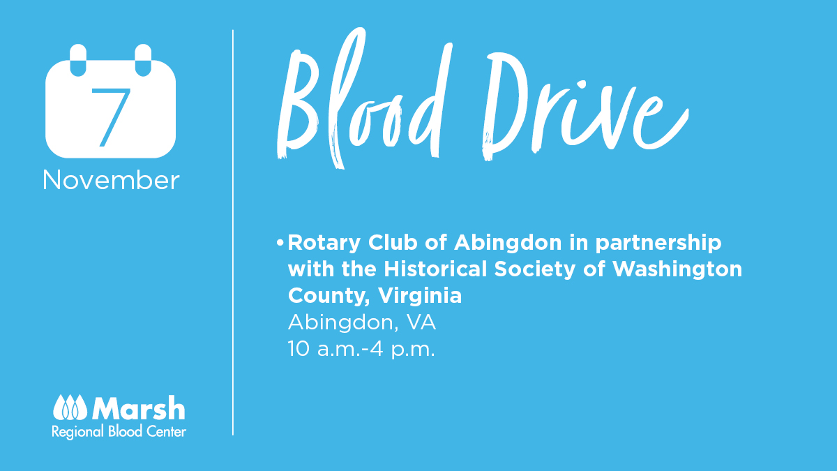 Marsh_Blood's tweet photo. As always, our Kingsport donor Center is open on Saturday from 8 a.m. - 12:30 p.m. This Saturday, November 7 we are pleased to announce that our mobile team will be in Abingdon, VA. Will you consider donating to impact patients in our region? #GiveHereHelpHere
@RotaryAbingdon https://t.co/JxXntclgmM