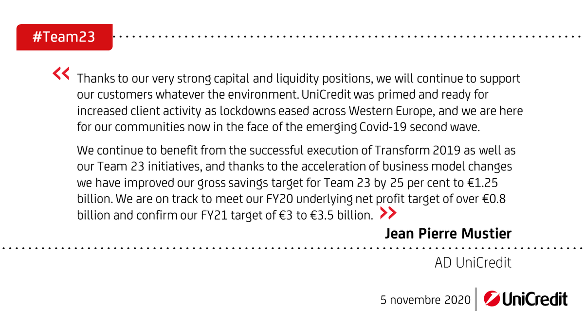 UniCreditEurope's tweet photo. #Team23: follow #live, starting from 10am CET, the #UniCredit conference call for the presentation of the 3Q20 and 9M20 Group #Results. 
📌#Financial 
🎙️ Link: https://t.co/S3a24qTAM1 https://t.co/aDyVr8e2gU