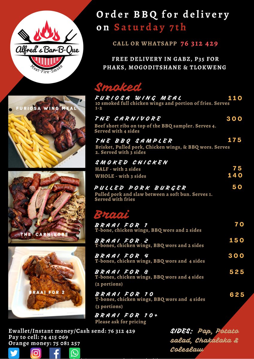 ALFREDSBARBQUE1's tweet photo. Place your orders for Saturday 7th delivery.
Your BBQ &amp; Braai plug!
Call or WhatsApp 76312429 https://t.co/r4CDXyJEeD