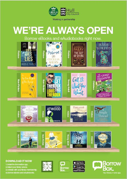 Our growing selection of e-books, e-audio books, e-magazines, e-newspapers and e-comics collection is available to you 24/7, along with a wide selection of online business databases and reference and research resources. Find them at:  http://www.hcandl.co.uk/libraries/e-reading-and-e-audio/ebooks-eaudio-and-emagazines