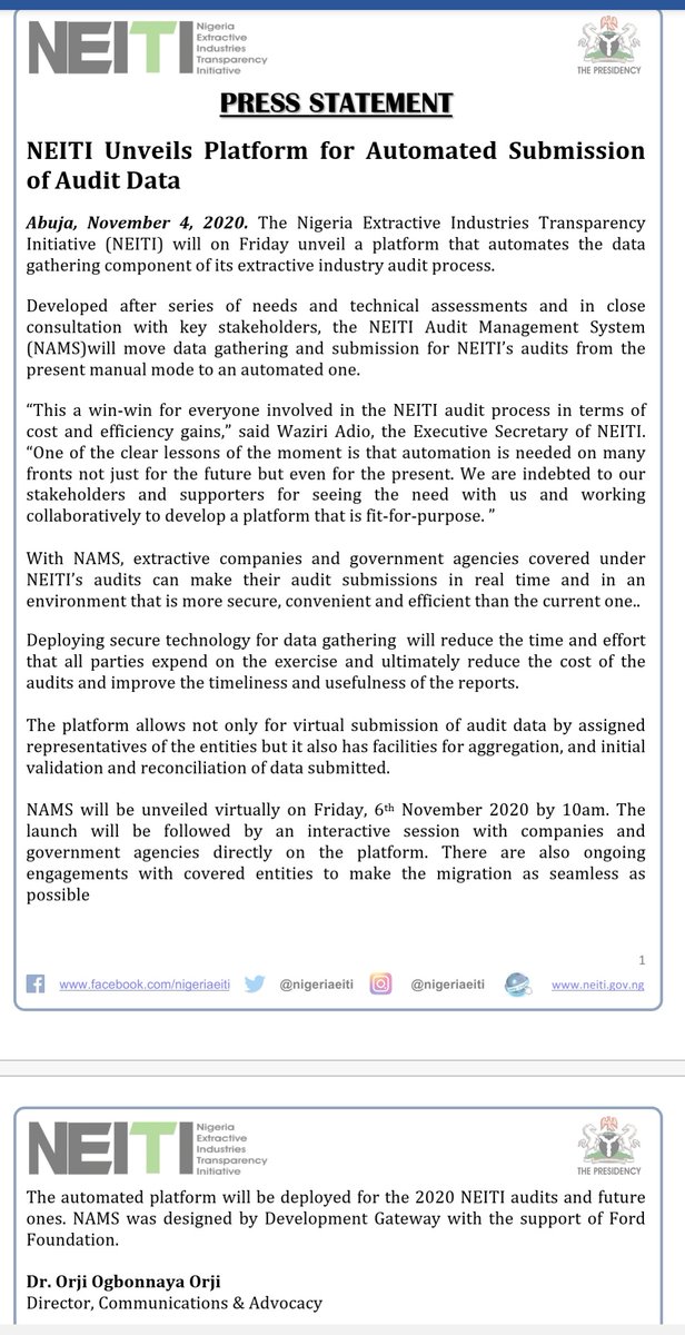 Waziriadio's tweet photo. Happening tomorrow: unveiling of the automated platform for @nigeriaeiti's audits. Beyond aligning with the times, moving audit data submission from manual to virtual has positive implications for audit cost and timeliness and for ease of stakeholders. @DGateway, @FordFoundation https://t.co/YLfENR8FT6