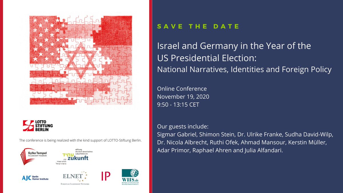 Am 19. November laden wir zur Abschlusskonferenz des Sylke-Tempel-Fellowships zum Thema 'Israel und Deutschland im US-Wahljahr'. Mit dabei sind u.a. @sigmargabriel, @RikeFranke, @SudhaDavidWilp, @AhmadMansour__, @NicolaAlbrecht und @Kerstin_Mueller. Die Vorfreude steigt!