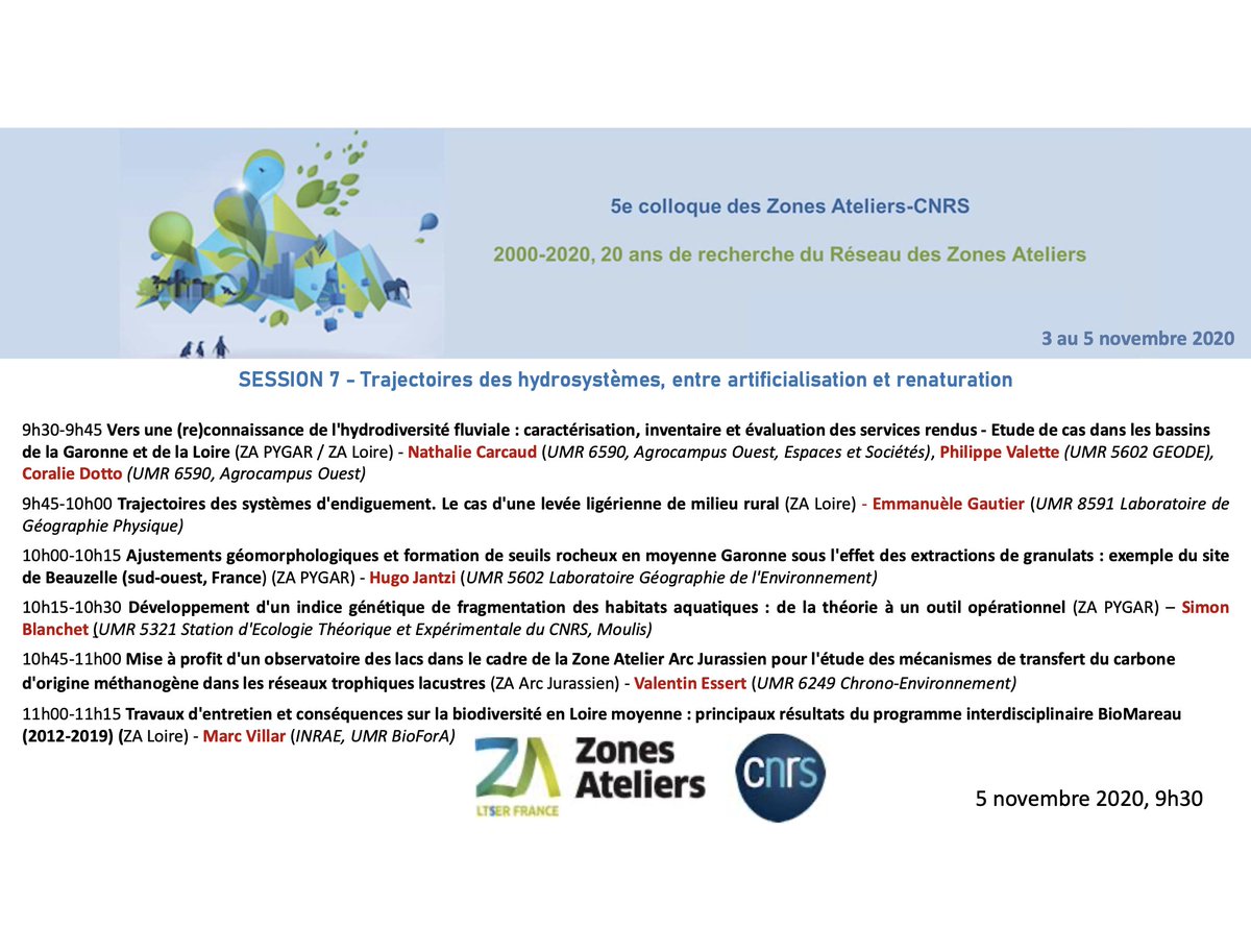 ZA_Loire's tweet photo. [En ce moment au Colloque des 20 ans des ZA] Session 7 "Trajectoires des hydrosystèmes, entre artificialisation et renaturation" &amp; Session 8 "Nature en ville, trajectoires des socio-écosystèmes urbains"
@ZAteliers @CNRS @INEE_CNRS https://t.co/sCIWhQTgq0