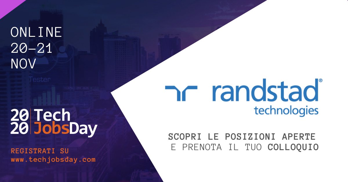 Reteinformatica's tweet photo. Al #TechJobsDay2020 parteciperà anche #RandstadTechnologies, la divisione di @RandstadItalia specializzata nella selezione di profili in ambito ICT.
➡️ Scopri tutte le opportunità di lavoro e fatti conoscere dall'azienda, vai su: https://t.co/fpUvoqsI7u
#randstad #jobsearch https://t.co/z7WS1c7mBZ