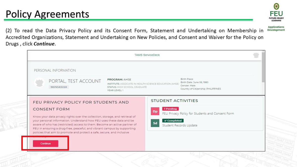 FEU_CSO's tweet photo. #TakeNoteTams
All enrolled FEU students are required to accomplish the following in TAMS ServiceDeck (https://t.co/cQfAGuxI31)
- Policy Policy and Consent Form
- Update Student Records
- Upload e-ID
See walkthrough guide below.
Deadline: Nov. 23, 2020 https://t.co/d2AvyJsog1
