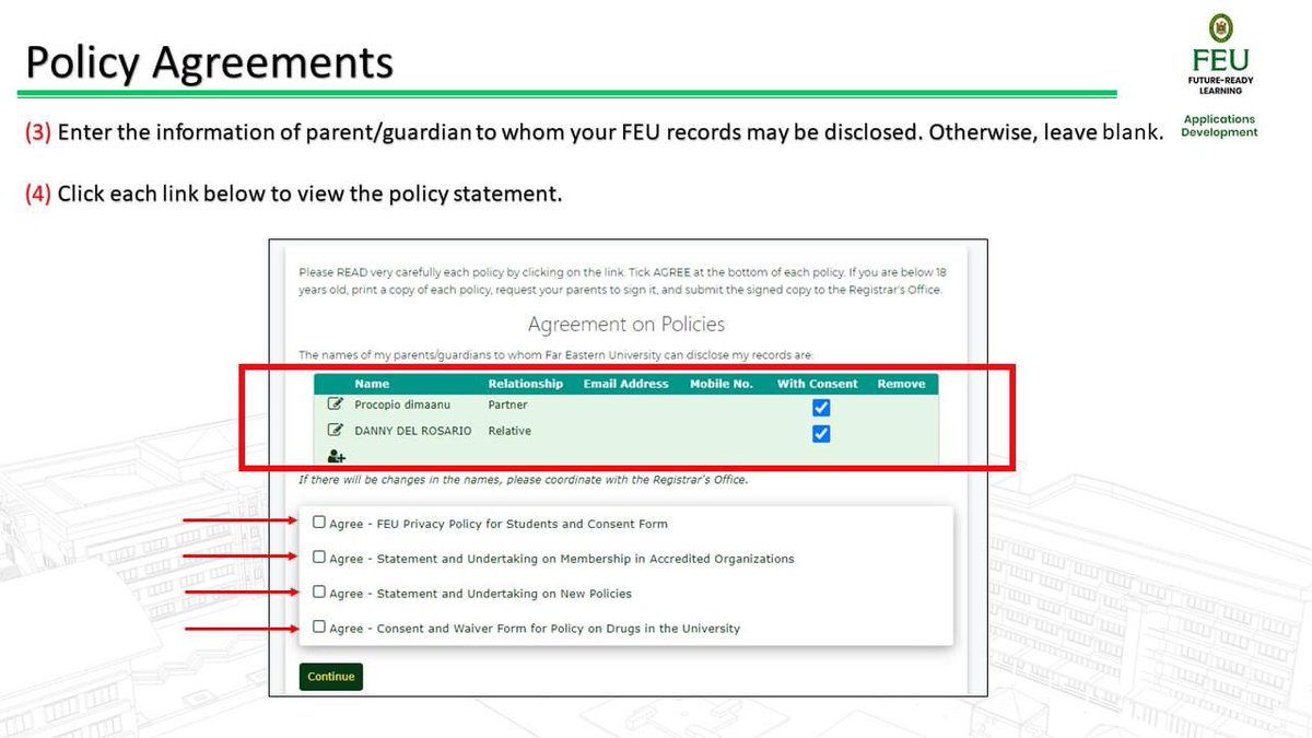 FEU_CSO's tweet photo. #TakeNoteTams
All enrolled FEU students are required to accomplish the following in TAMS ServiceDeck (https://t.co/cQfAGuxI31)
- Policy Policy and Consent Form
- Update Student Records
- Upload e-ID
See walkthrough guide below.
Deadline: Nov. 23, 2020 https://t.co/d2AvyJsog1