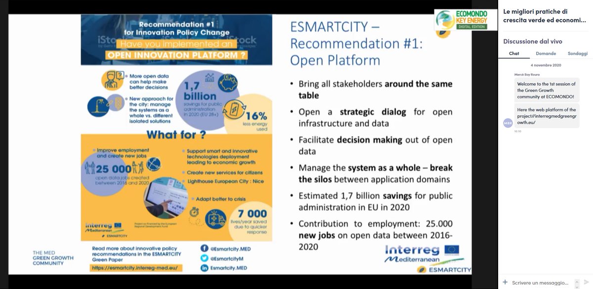 Esmartcity is presented in <a href="/Ecomondo/">Ecomondo</a> 2020 on November 4, 2020. The project participates in the session organized by @MED_GreenGrowth  Community. The project main outcomes are presented and insights are given related to the Smart City paradigm in MED.