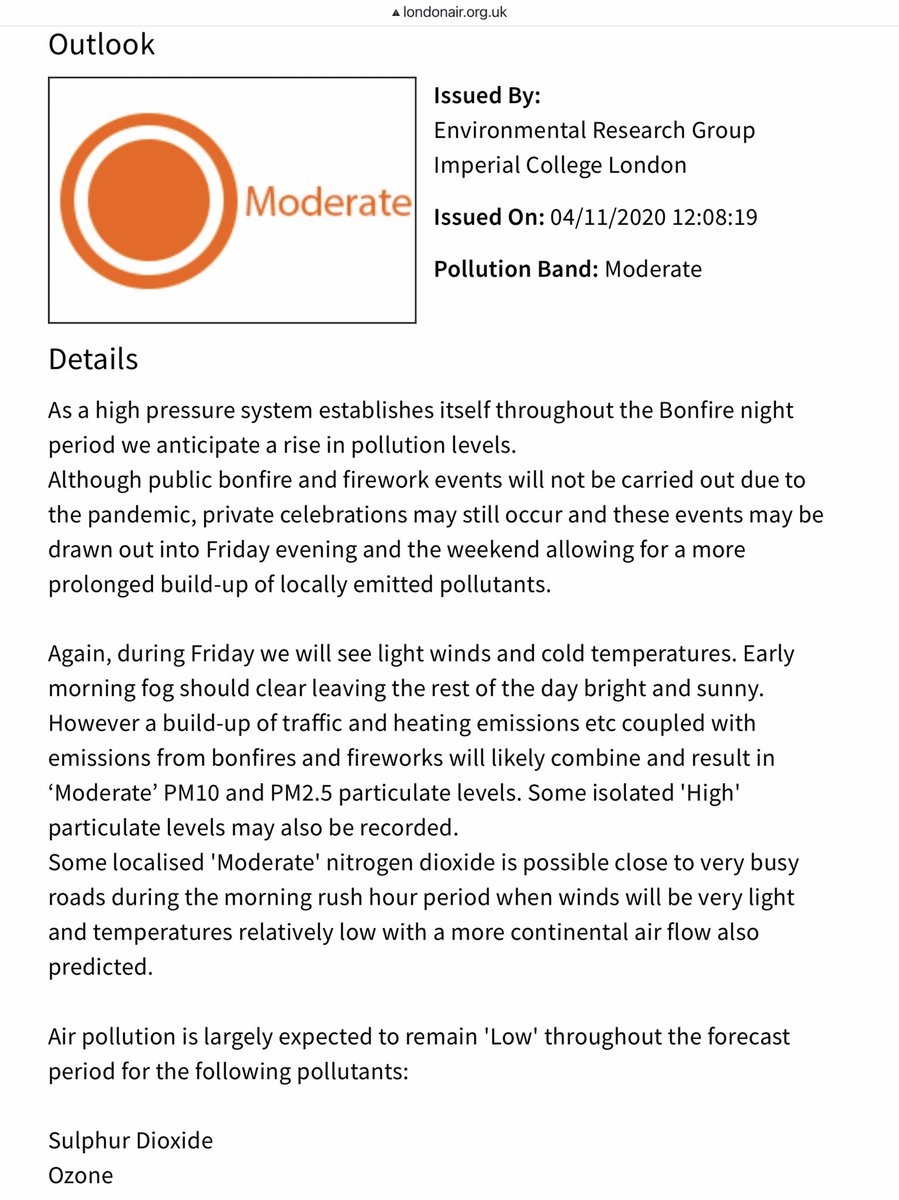 MODERATE or HIGH particle  #AirPollution forecast for London tonight as winds slow and turn easterly. Seriousness of episode depends on number of private bonfires and fireworks. Please check for updates and health advice HT  @LondonAir  @CopernicusECMWF  http://londonair.org.uk/Londonair/Forecast/