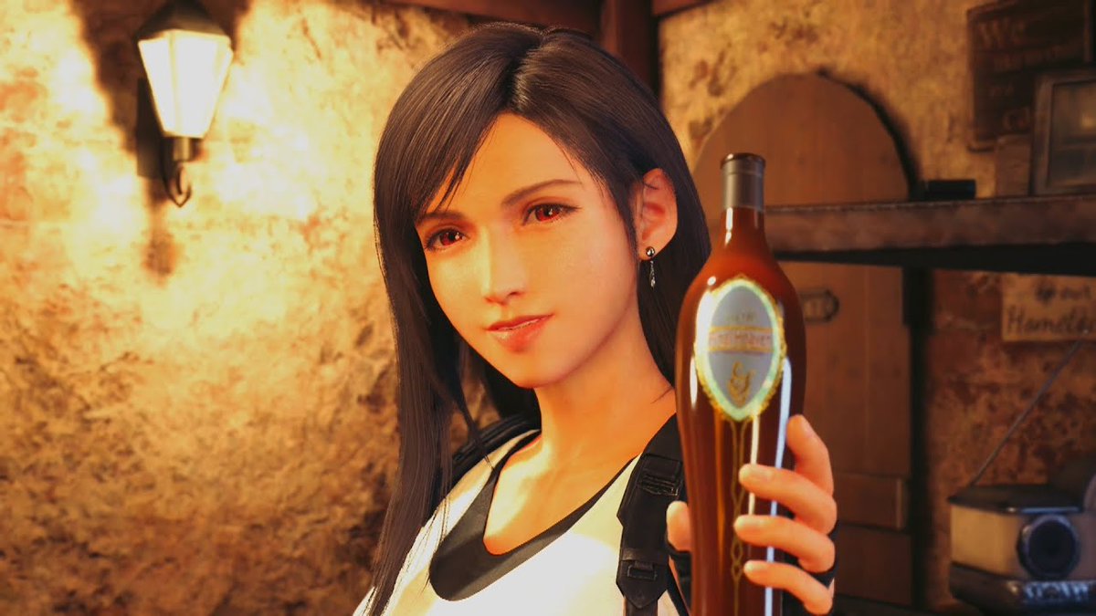 Just noticed the label on Tifa's bottle from the drink scene. Final Heaven. The comment from the staff is that the date on it is the same as the orig game.