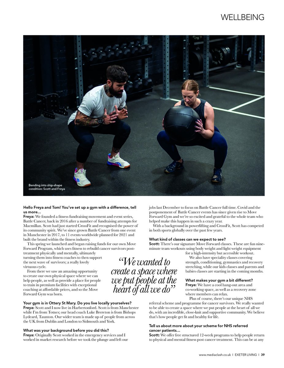 ExeterLiving's tweet photo. In our new wellbeing section of @ExeterLiving, we interviewed Freya and Scott. Their new gym uses fitness to help cancer survivors post-treatment. Read the full issue here: https://t.co/XsVBfd8Smk
#moveforwardchallenge #moveforwardgym #wellbeing https://t.co/SuDIhY7aiR