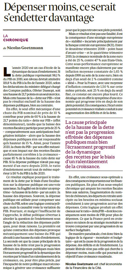 "Dépenser moins, ce serait s'endetter davantage", une chronique de Nicolas Goetzmann <a href="/NicolasGoetzman/">Nicolas Goetzmann</a> dans "Les Echos" du 4 novembre