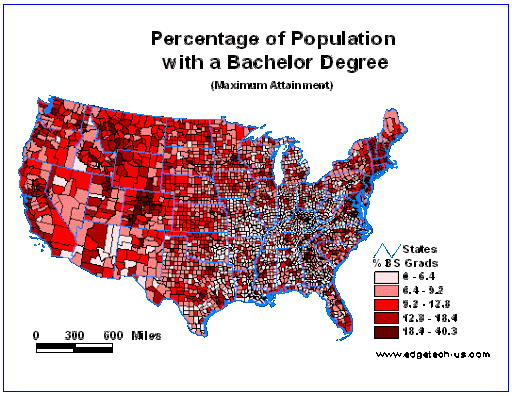 For instance, I didn’t check this, but I bet this map of the % of the population with a bachelor’s degree is pretty close to the same colors as whatever election map you’ve got up right now -- and that’s a pattern that basically always holds..