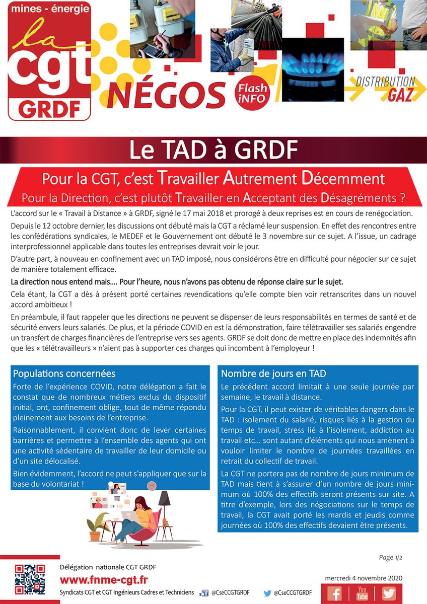 CseCCGTGRDF's tweet photo. Négos en cours à #GRDF : le TAD (travail à distance)

Pour la #CGT, c’est Travailler Autrement Décemment
Pour la Direction, c’est plutôt Travailler en Acceptant des Désagréments ? 😥 https://t.co/4n2eAfCMZ3