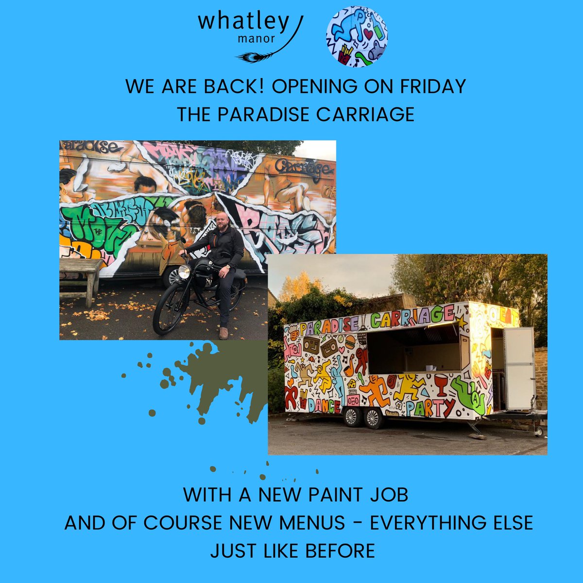 Whatley_Manor's tweet photo. ⭐️THE PARADISE CARRIAGE⭐️
Open for takeaway from Friday 6th November - 4-8pm
Saturday 4-8pm
Sunday 1-8pm
Then from Wednesday 11th onwards (closed Monday &amp; Tuesday) All details on the @Whatley_Manor website
Call to pre order ☎️ 01666 822 888
Lockdown 2 needs good food 💥👌 https://t.co/PsFzoVzSv1