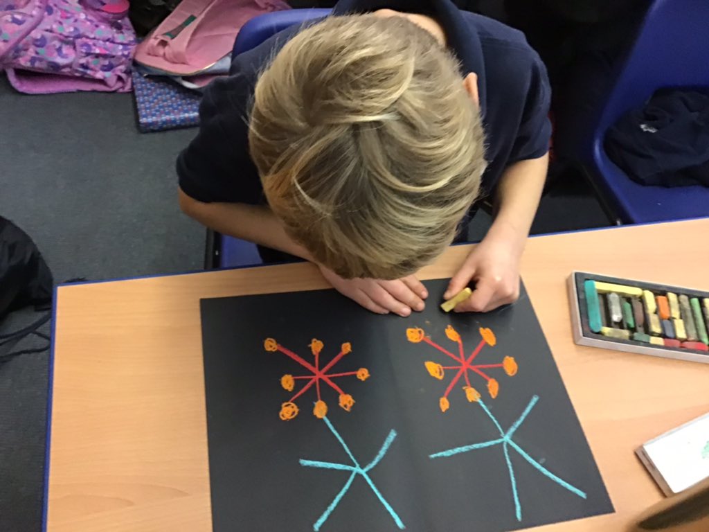 GoodrichCESch's tweet photo. We have been creating symmetrical bonfire night pictures using chalk. #GSwoodpeckers #GSart https://t.co/LHHDhushRw