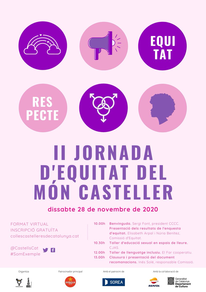 🙋‍♀️Obrim les inscripcions per a la segona #JornadaEquitat del món casteller! El proper dissabte 28 de novembre en format virtual! Us hi esperem! 

Inscripcions👉collescastelleresdecatalunya.cat

#castells #SomExemple #castelleres #castellers