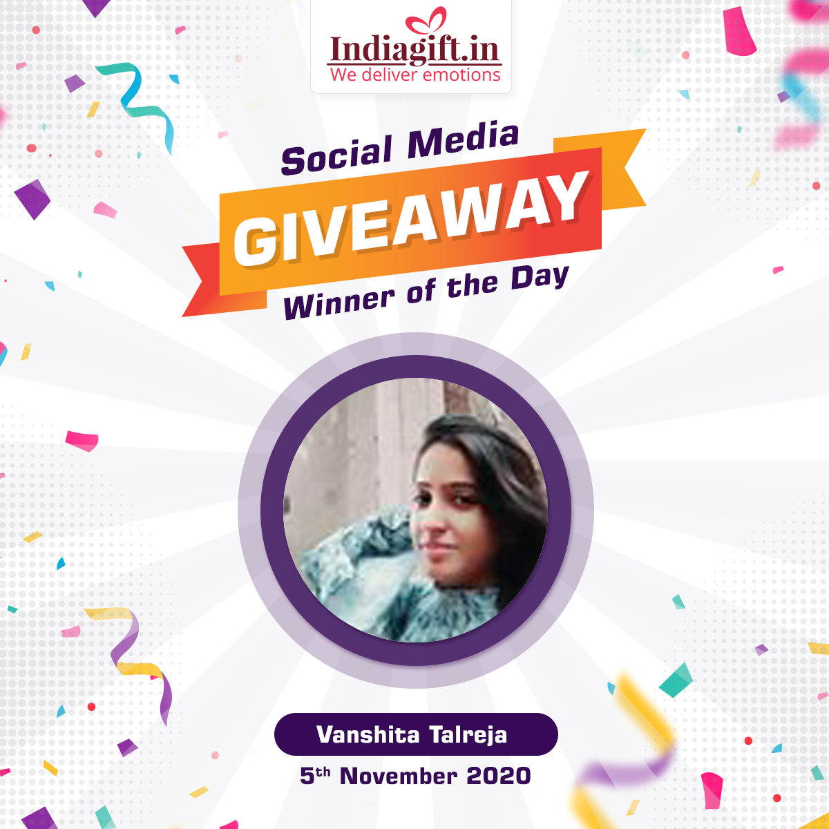 ItsIndiaGift's tweet photo. It's Time to #Announce The #THIRD #WINNER & Its VANSHITA TALREJA ! #Congrats ! So Guys, the CONTEST is not over yet ! Lets Keep on Playing till 14th November'2020! #Indiagift #ItsIndiagift #third #congratulations #allthebest #contestwinner #giveaway #CelebrationBox #Goodies https://t.co/rD6Mpuqyj0