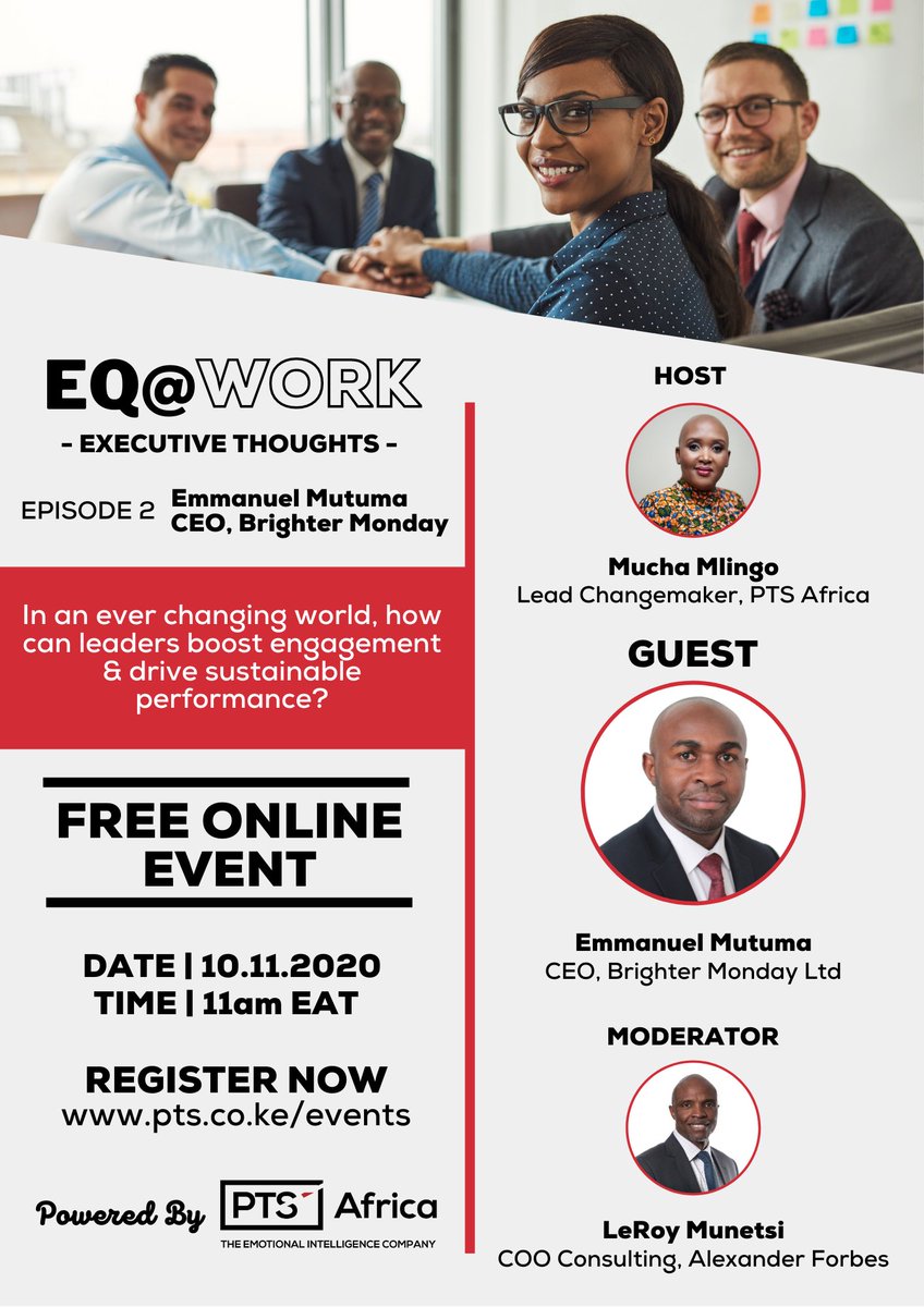MuchaMlingo's tweet photo. Join us for the 2nd episode, EQ@Work: Executive Thoughts With @ManuMutuma , CEO @BrighterMonKE  

REGISTER HERE – https://t.co/BDfGX55FAw 

#eq4africa #eqatwork https://t.co/Y0IpYWQj2I