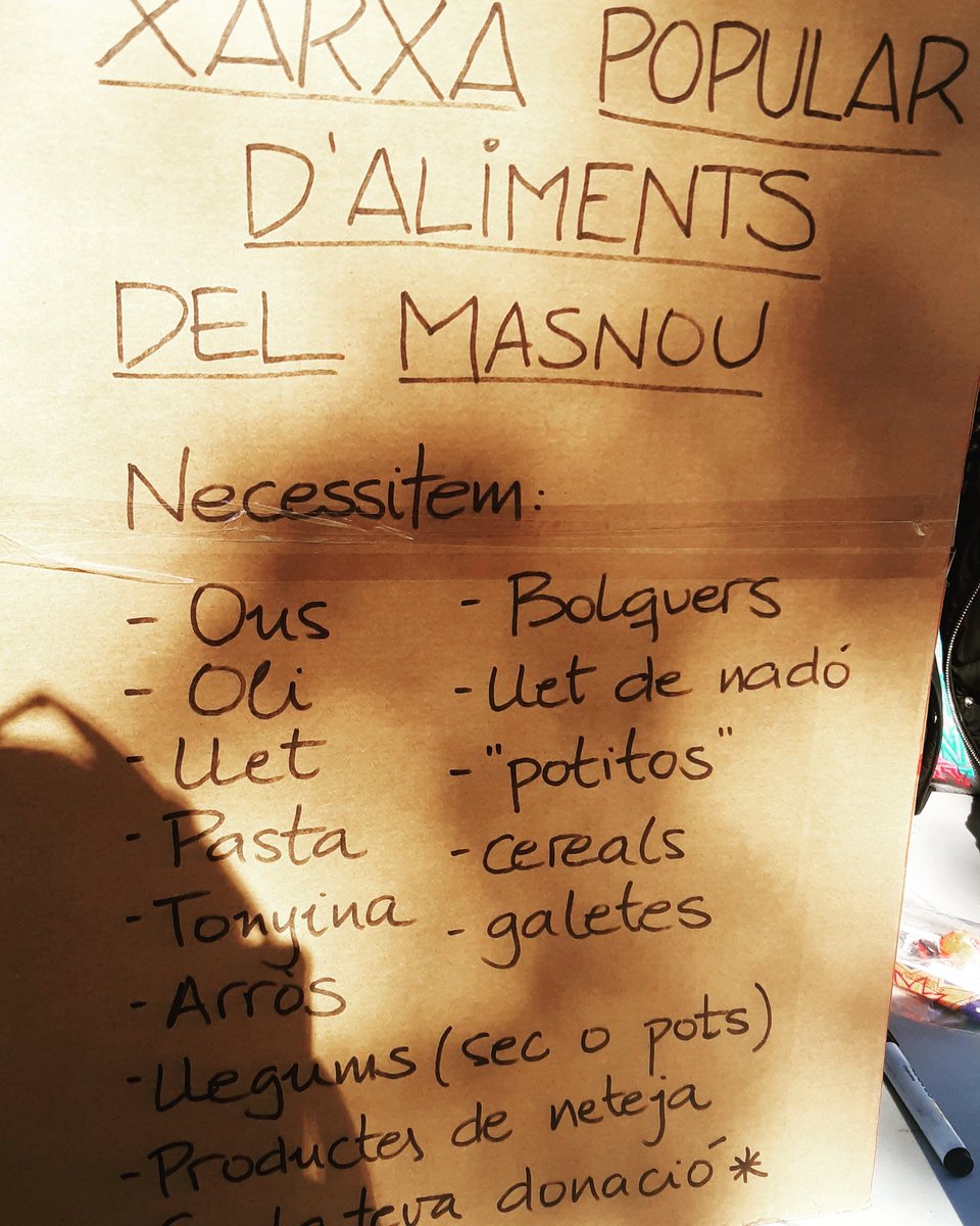 La Xarxa Popular d' aliments farem recollida d'aliments i productes de neteja. 

🗓Dissabte 7 de novembre
🕤 10h a 14h
📍Plaça Dones del Tèxtil
📍Davant del Bon Preu

Ajuda'ns compartint aquest missatge entre els teus contactes.
Solidaritat i suport mutu. ✊✊✊