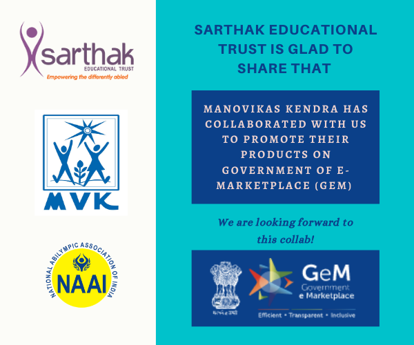 abilympicnaai's tweet photo. We are glad to share with you all that Manovikas Kendra has joined hands with Sarthak to promote their products on the GEM Platform! We are looking forward to this collaboration! 
For more info visit: https://t.co/wewlPt0yvE 

#RDSM #GEM #disability #products #supportsarthak https://t.co/EiQRbTUEWI