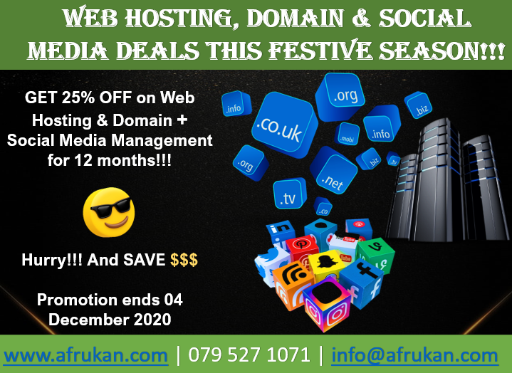 Afrukan_Digital's tweet photo. Early Festive Season Great Deals 😎✨
Hurry!!! and Save $$$
#AfrukanDigitalMedia #FestiveDeals #WebHosting #Domain #SocialMediaManagement #DJSBU https://t.co/lDYFWKa7NP