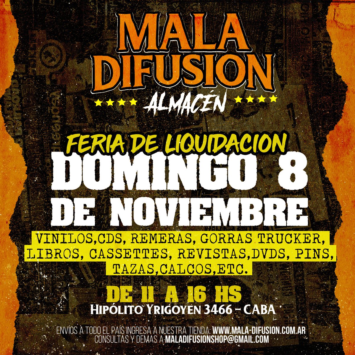 Domingo 8 
Feria liquidación (Presencial)
De 11 a 16 hs 
Mala Difusión Almacén 
Hipólito Yrigoyen 3466 caba 
#CDS #dvds #musica #libros #rock #vinilos #gorrastrucker