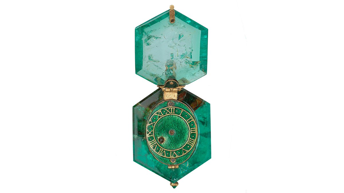 Frozen in time: an intricate, miniature watch set in a single large Colombian emerald, with a dial plate enamelled in translucent green.
