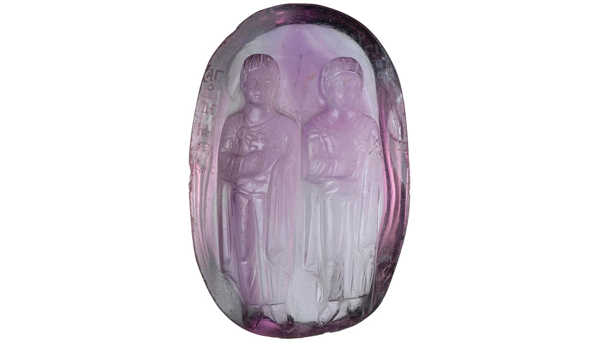 This amethyst cameo dates back to the Byzantine Empire in the 12th and 13th centuries. It's been painstakingly carved with two saints, Saint Demetrios and Saint George.