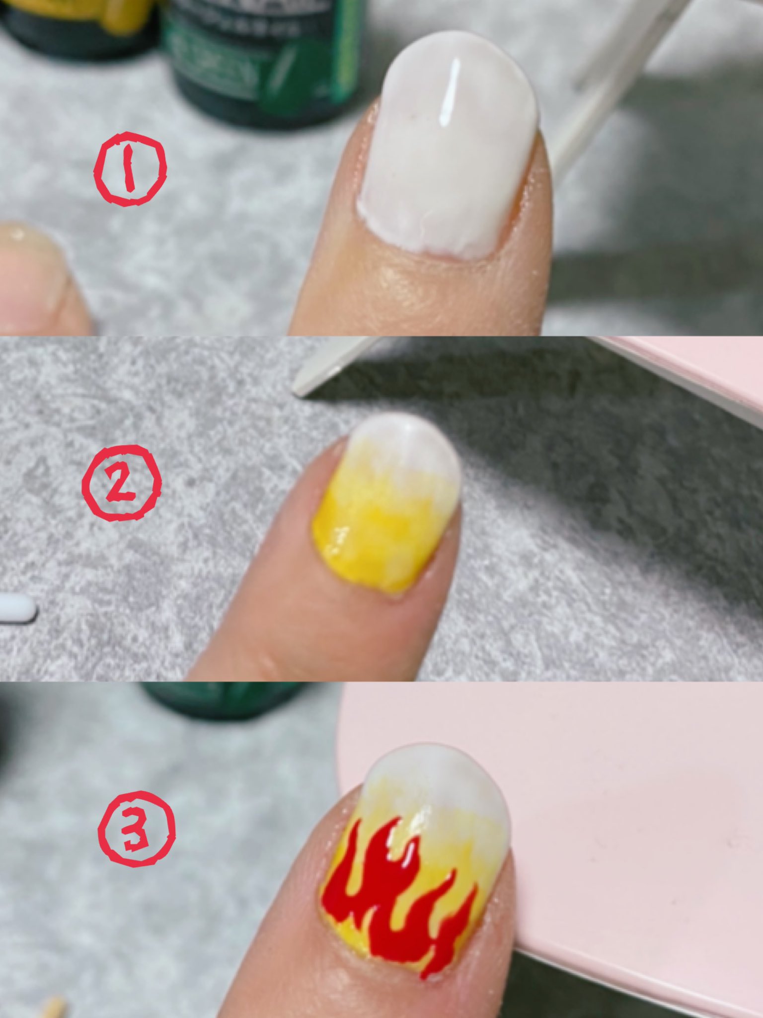 あい 煉獄さんネイル この前やり方聞かれたので超自己流だけど グラデはかなり雑でも上に炎 柄描くから大丈夫 セリアのカラージェルネイルを使用 中指は炎の呼吸のイメージ 赤い部分は爪楊枝でちょんちょん描いてます 鬼滅の刃ネイル セルフ