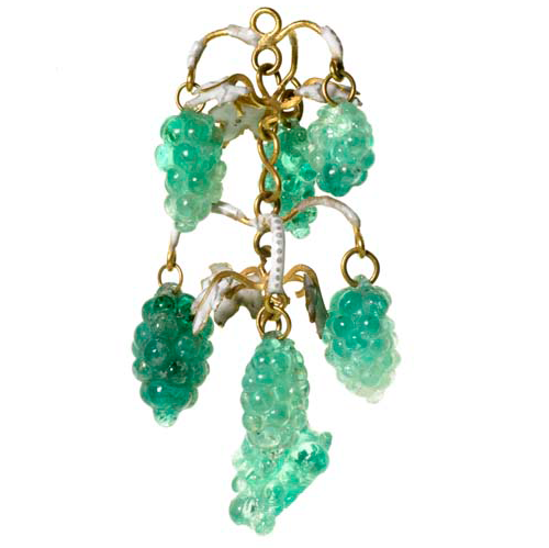 You heard it on the grapevine: this pair of matching pendants may have been ear-rings. They are formed from amethyst and emerald to resemble bunches of red and white grapes.