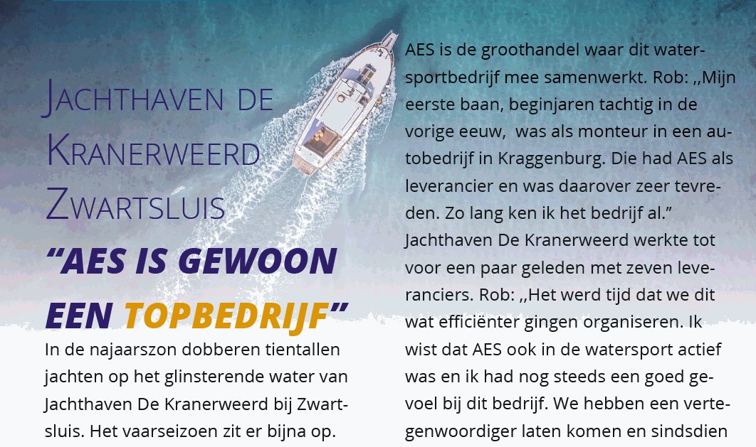 Soms werkt een combinatie van leverancier en afnemer gewoon uitstekend. Zo is Rob Kuiper van Jachthaven de Kranerweerd als sinds de beginjaren 80 een klant van AES. "Geen poeha, maar gewoon afspraken nakomen", aldus Rob. 

groupauto.cdn.izimotive.com/assets/aes/ima…