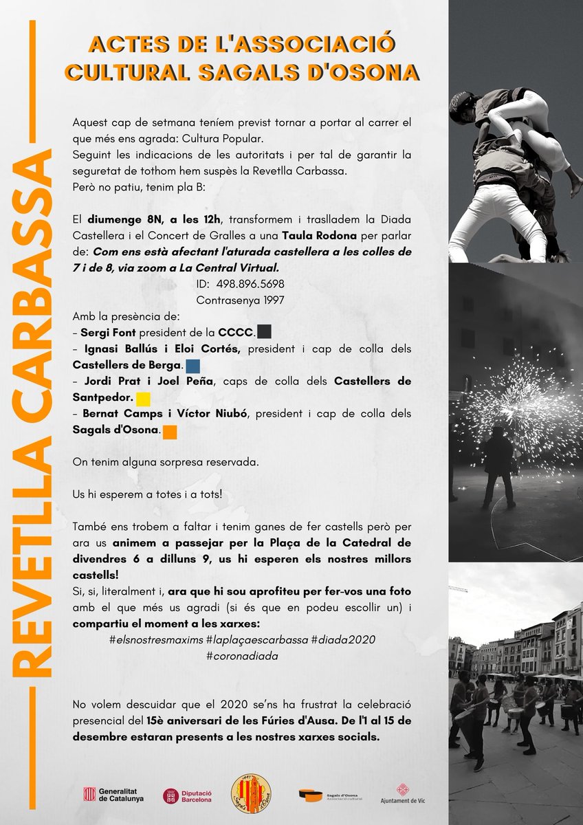 SagalsdOsona's tweet photo. Aquest cap de setmana hauríem realitzat uns actes al voltant de la Cultura Popular a Vic, a causa de la situació actual de la COVID-19, hem hagut d'anul·lar-ho. Tot i això, no ens quedarem quiets.

#elsnostresmaxims #laplaçaescarbassa #diada2020 #coronadiada https://t.co/3vfxMBxl9m