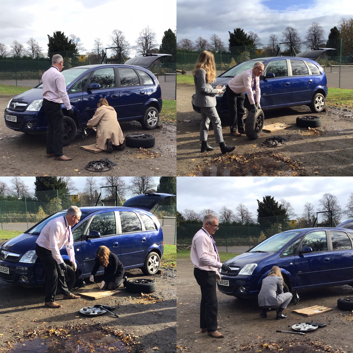 Flat tyre on the way to a job interview? In #periodx as part of their car maintenance programme, our #sixthformers practised changing a tyre & found out what essential kit they should always have in the boot - including the piece of cardboard for kneeling on when changing a tyre!