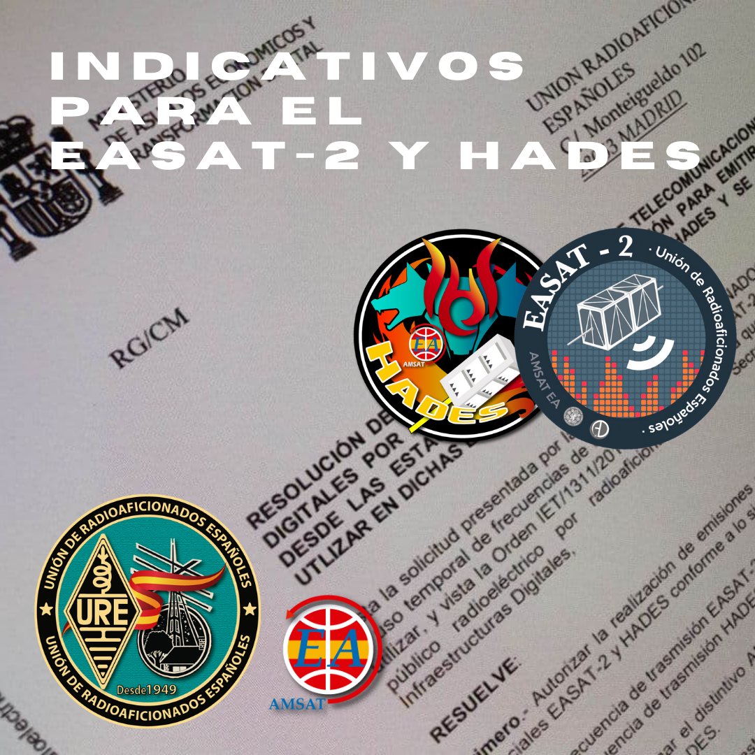 ure_es's tweet photo. Asignación de indicativos #AM5SAT para las emisiones desde #EASAT2 y #AM6SAT para les emisiones desde #HADES_SAT
🛑https://t.co/N2uw8xzpa7
@AmsatSpain @AlbaOrbital @SEtelecoGob @CienciaGob #Satélite @SpaceX #Radioaficionados @CCiudadanaEs https://t.co/zQl3l4A8up