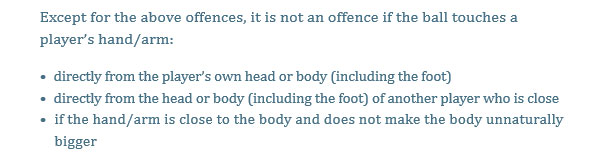 To be clear on the exceptions:- the first two apply to deflections onto the arm with it in a natural position. - third is without a deflection and hitting the arm with it in a natural position. There is no doubt that this section of the written handball law is confusing.