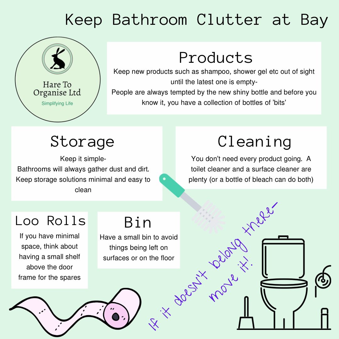 haretoorganise1's tweet photo. The Bathroom- Often a good place to start decluttering your home

Hide the new bottles and get everyone to use the bits that are left first! (I know I’m mean)
#organiseyourbathroom #organiseyourhome #lockdowndeclutter #lessismore #lesstoclean #simplifylife https://t.co/c08pRSeM3j