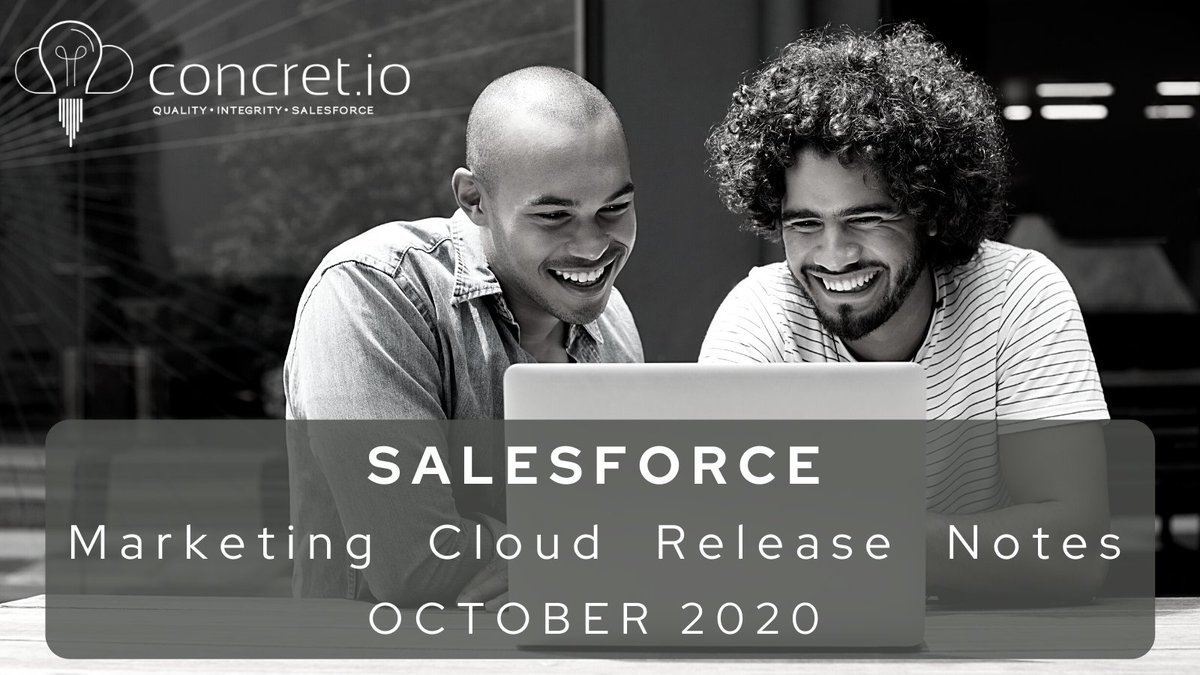 concretios's tweet photo. Blogged: Salesforce Marketing Cloud Oct’20 Release Notes
https://t.co/zaXASC0iCR
#ReleaseNotes #Marketing #MarketingCloud #OctoberReleaseNotes #Salesforce #Concretio https://t.co/YZB1ZEuA3I